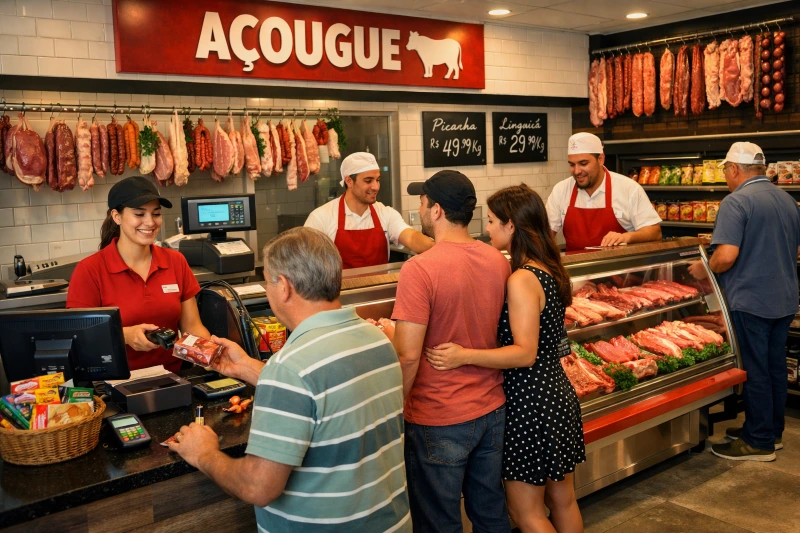 Açougueiro usando computador no balcão