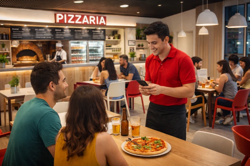 Pizzaiolo usando PDV no balcão