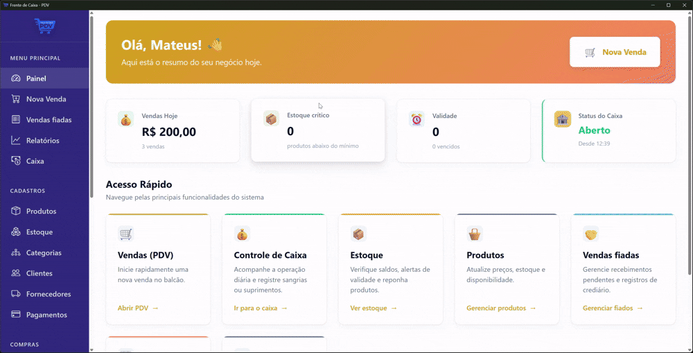 Visão geral completa do Frente de Caixa PDV