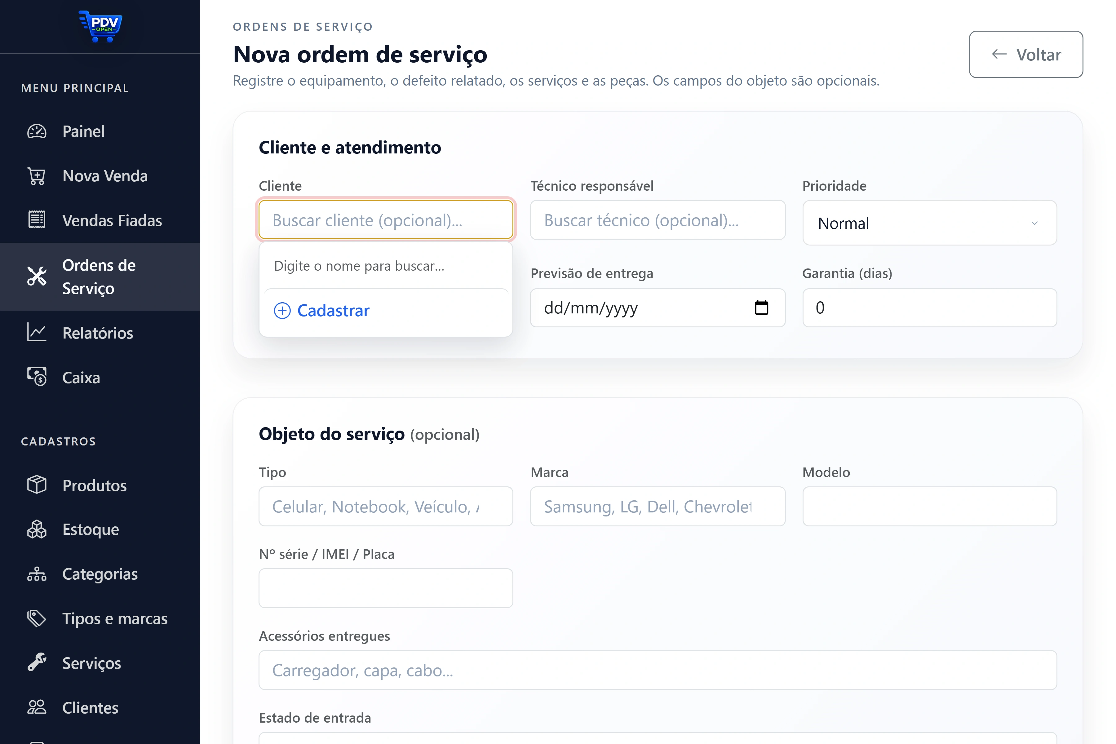 Tela de nova ordem de serviço com cliente, técnico, previsão e cadastro do equipamento