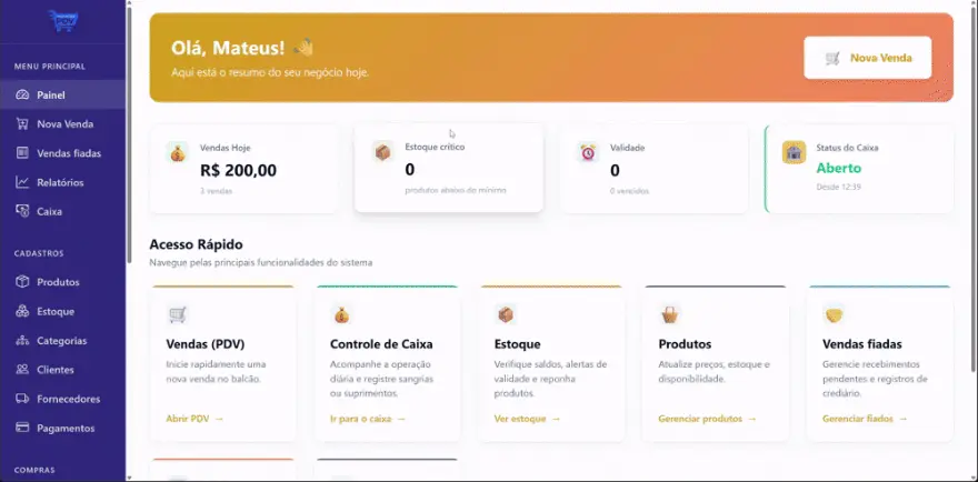 Painel do PDV Open com resumo de vendas, estoque e caixa