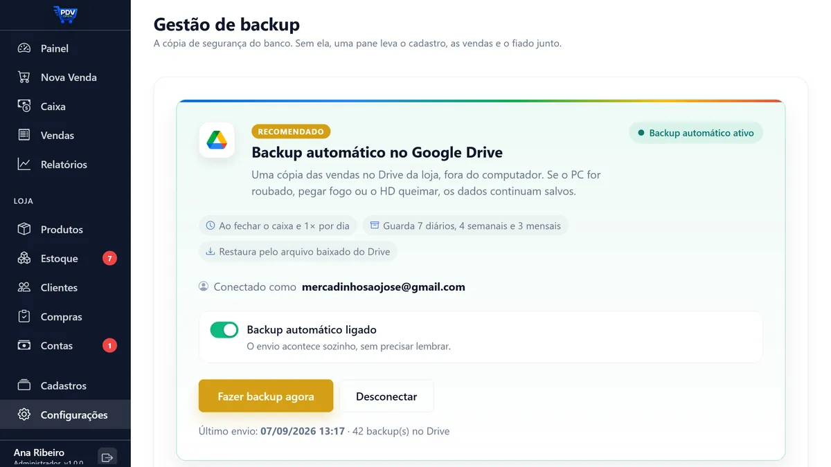 Tela do módulo Backup automático no Google Drive no PDV Open