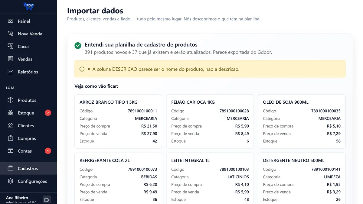 Importador do PDV Open dizendo que entendeu a planilha de produtos, com a prévia de como cada produto vai ficar