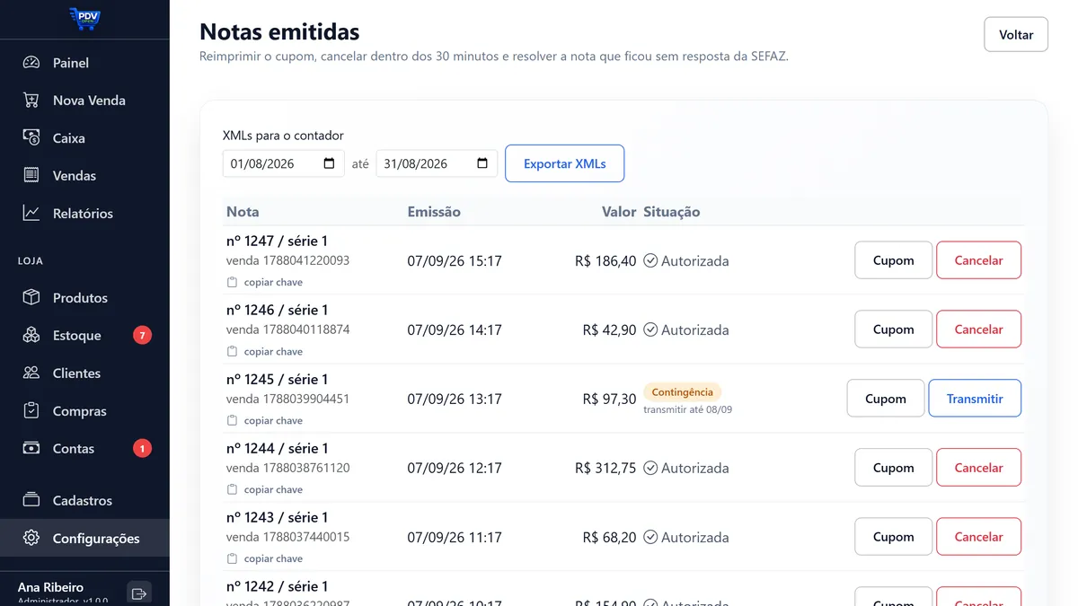 Tela do módulo Emissão de NFC-e no PDV Open