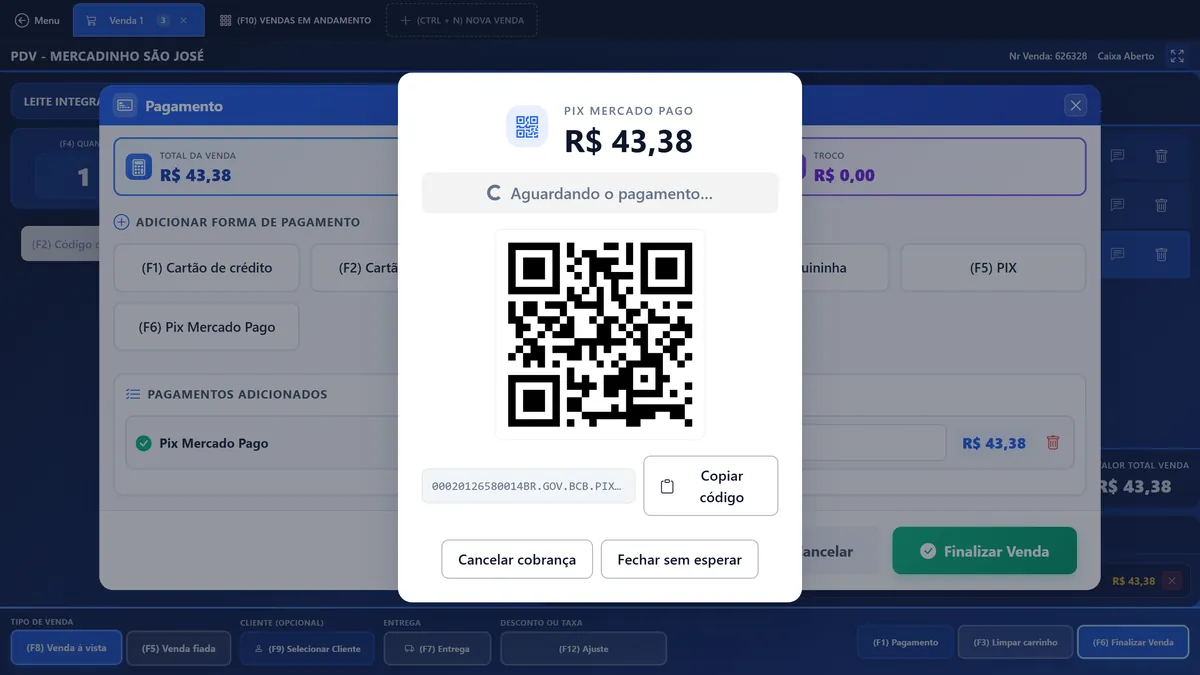 Tela do módulo Recebimento pelo Mercado Pago no PDV Open